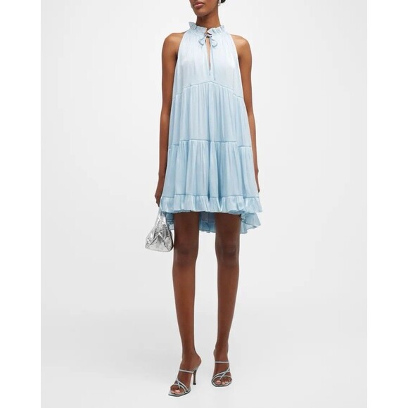 Cinq à Sept Phyllis Size 10 Keyhole Neck Tiered Mini Dress Metallic Blue - Picture 1 of 15